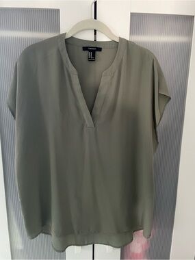 Forever 21 Sage Green Split V-Neck Cap Sleeve Blouse